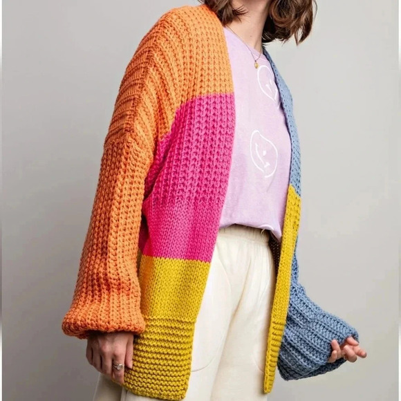 New! Easel Colorblock Chunky Knit Sweater Cardigan M - Picture 6 of 6